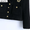 Zevity Women England Style Badge Patch Breasted Woolen Blazer Coat Vintage Long Sleeve Pockets Female Outerwear Chic Tops CT663