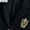 Zevity Women England Style Badge Patch Breasted Woolen Blazer Coat Vintage Long Sleeve Pockets Female Outerwear Chic Tops CT663