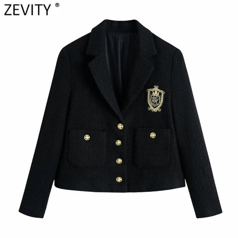 Zevity Women England Style Badge Patch Breasted Woolen Blazer Coat Vintage Long Sleeve Pockets Female Outerwear Chic Tops CT663