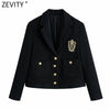 Zevity Women England Style Badge Patch Breasted Woolen Blazer Coat Vintage Long Sleeve Pockets Female Outerwear Chic Tops CT663