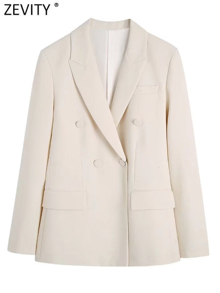Zevity Women Double Breasted Soft Slim Blazer Coat Female Notched Pockets Leisure Outerwear Suits Chic Tops CT415