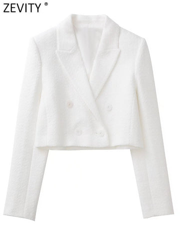 Zevity Women Double Breasted White Texture Short Blazer Coat Female Long Sleeve Outerwear Suit Chic Crop Tops CT560