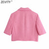 Zevity Women Double Pocket Patch Sweet Short Tweed Woolen Blazer Coat Vintage Female Buttons Outerwear Chic Tops CT720
