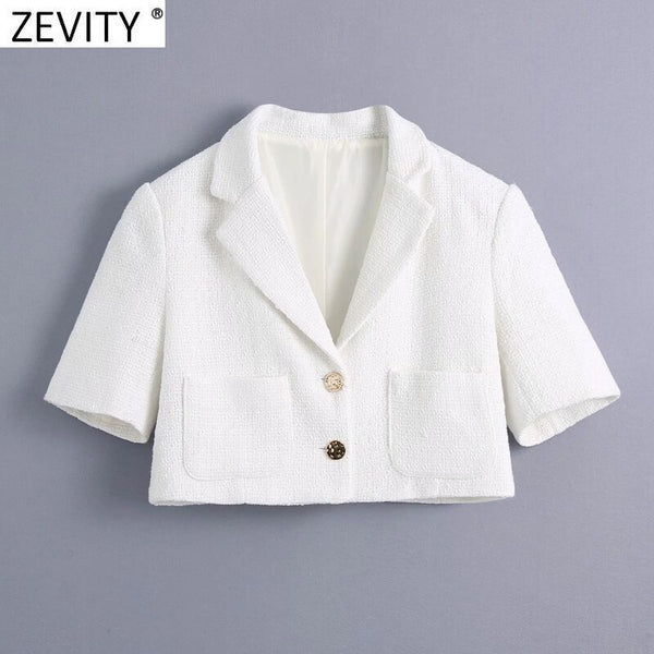 Zevity Women Double Pocket Patch Sweet Short Tweed Woolen Blazer Coat Vintage Female Buttons Outerwear Chic Tops CT720
