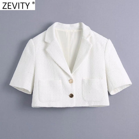 Zevity Women Double Pocket Patch Sweet Short Tweed Woolen Blazer Coat Vintage Female Buttons Outerwear Chic Tops CT720