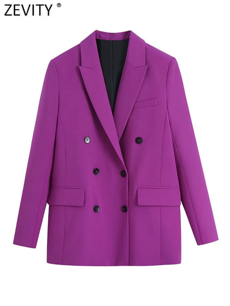Zevity Women Notched Collar Double Breasted Masculine Blazer Coat Female Chic Business Casual Slim Suits Tops CT844