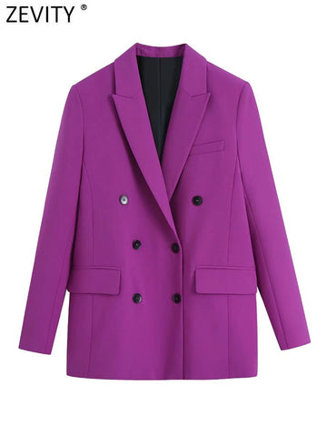 Zevity Women Notched Collar Double Breasted Masculine Blazer Coat Female Chic Business Casual Slim Suits Tops CT844