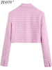 Zevity Women Notched Collar Houndstooth Texture Short Blazer Coat Female Long Sleeve Outerwear Suit Chic Crop Tops CT405