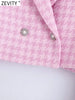 Zevity Women Notched Collar Houndstooth Texture Short Blazer Coat Female Long Sleeve Outerwear Suit Chic Crop Tops CT405