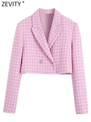 Zevity Women Notched Collar Houndstooth Texture Short Blazer Coat Female Long Sleeve Outerwear Suit Chic Crop Tops CT405
