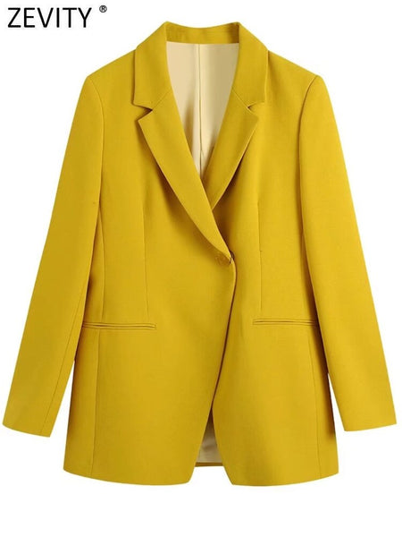 Zevity Women Notched Collar Irregular Design Yellow Blazer Coat Female Chic One Button Casual Slim Suits Tops CT840