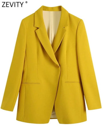 Zevity Women Notched Collar Irregular Design Yellow Blazer Coat Female Chic One Button Casual Slim Suits Tops CT840