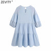 Zevity Women O Neck Hollow Out Embroidery Patchwork Mini Dress Chic Female Lantern Sleeve Casual Pleats Vestidos DS8569