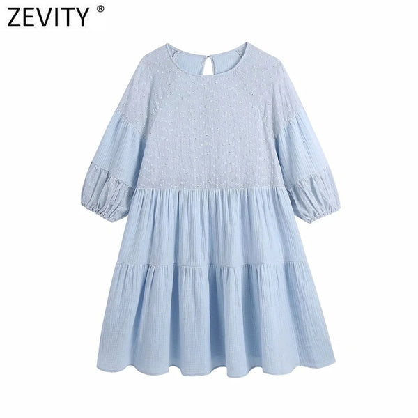 Zevity Women O Neck Hollow Out Embroidery Patchwork Mini Dress Chic Female Lantern Sleeve Casual Pleats Vestidos DS8569