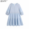 Zevity Women O Neck Hollow Out Embroidery Patchwork Mini Dress Chic Female Lantern Sleeve Casual Pleats Vestidos DS8569