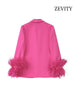 Zevity Women With Feathers Straight Blazer Coat Vintage Long Sleeve Flap Pockets Female Outerwear Chic Veste Femme