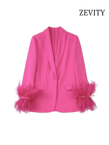 Zevity Women With Feathers Straight Blazer Coat Vintage Long Sleeve Flap Pockets Female Outerwear Chic Veste Femme