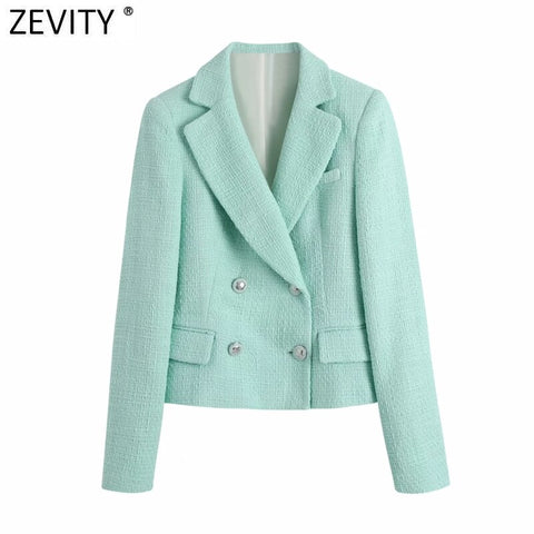 Zevity Women Sweet Double Breasted Texture Tweed Woolen Short Slim Blazer Coat Vintage Female Outerwear Chic Business Tops CT702