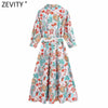 Zevity Women Sweet Totem Floral Print Sashes Midi Dress Chic Female Three Quarter Sleeve Single Breasted Casual Vestidos DS8654