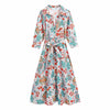 Zevity Women Sweet Totem Floral Print Sashes Midi Dress Chic Female Three Quarter Sleeve Single Breasted Casual Vestidos DS8654