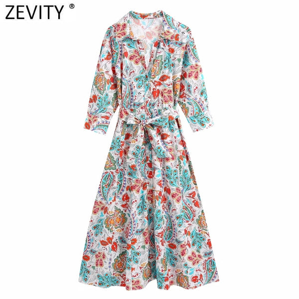 Zevity Women Sweet Totem Floral Print Sashes Midi Dress Chic Female Three Quarter Sleeve Single Breasted Casual Vestidos DS8654