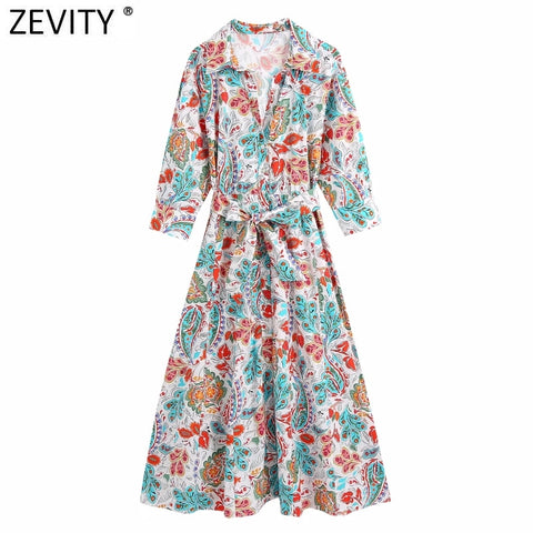 Zevity Women Sweet Totem Floral Print Sashes Midi Dress Chic Female Three Quarter Sleeve Single Breasted Casual Vestidos DS8654