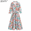 Zevity Women Sweet Totem Floral Print Sashes Midi Dress Chic Female Three Quarter Sleeve Single Breasted Casual Vestidos DS8654