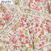 Zevity Women Sweet V Neck Floral Print Casual Slim Midi Dress Female Lace Patchwork Single Breasted Chic Party Vestidos DS8699