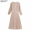 Zevity Women Sweet V Neck Floral Print Casual Slim Midi Dress Female Lace Patchwork Single Breasted Chic Party Vestidos DS8699