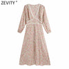 Zevity Women Sweet V Neck Floral Print Casual Slim Midi Dress Female Lace Patchwork Single Breasted Chic Party Vestidos DS8699