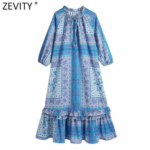Zevity Women Vintage Cloth Patchwork Floral Print Hem Ruffles Midi Dress Female Chic V Neck Lace Up Court Kimono Vestidos DS8686