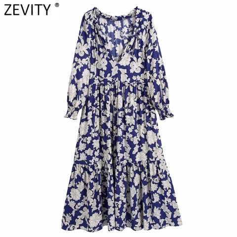 Zevity Women Vintage Deep V Neck Totem Floral Print Pleat Ruffles Midi Dress Female Three Quarter Sleeve Kimono Vestidos DS8775
