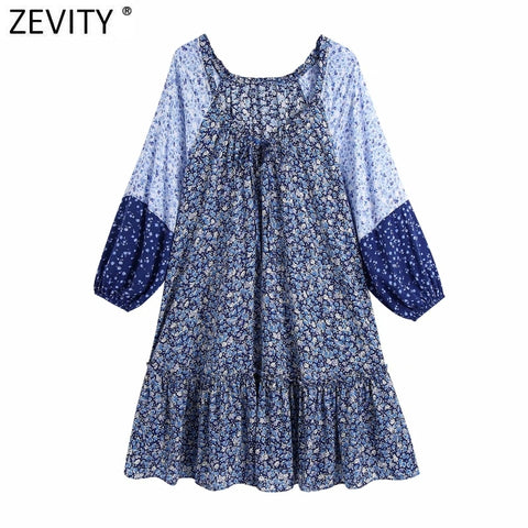 Zevity Women Vintage Floral Patchwork Print Loose Mini Dress Female Chic Three Quarter Sleeve Agaric Lace Sweet Vestidos DS8688