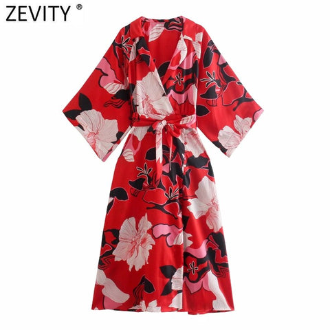 Zevity Women Vintage Floral Print Red Split Midi Dress Female Chic Three Quarter Sleeve Bow Tied Sashes Kimono Vestidos DS8862