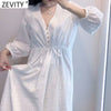Zevity Women Vintage Hollow Out Embroidery Casual Slim Midi Dress Female Chic V Neck Waist Lace Up A Line Kimono Vestidos DS8119