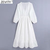Zevity Women Vintage Hollow Out Embroidery Casual Slim Midi Dress Female Chic V Neck Waist Lace Up A Line Kimono Vestidos DS8119