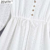 Zevity Women Vintage Hollow Out Embroidery Casual Slim Midi Dress Female Chic V Neck Waist Lace Up A Line Kimono Vestidos DS8119