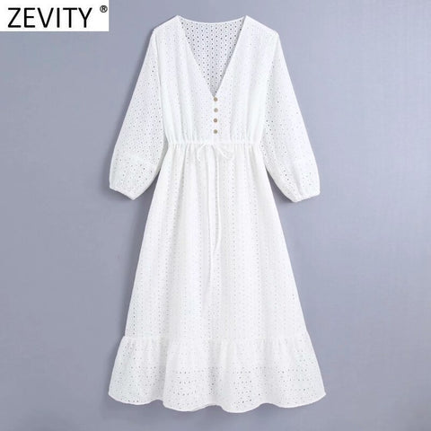 Zevity Women Vintage Hollow Out Embroidery Casual Slim Midi Dress Female Chic V Neck Waist Lace Up A Line Kimono Vestidos DS8119