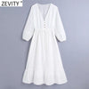 Zevity Women Vintage Hollow Out Embroidery Casual Slim Midi Dress Female Chic V Neck Waist Lace Up A Line Kimono Vestidos DS8119