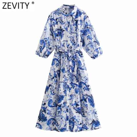 Zevity Women Vintage Paisley Totem Floral Print Breasted Casual Shirt Dress Female Chic Bow Sashes Kimono Party Vestidos DS8871