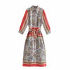 Zevity Women Vintage Red Striped Patchwork Totem Floral Print Bow Sashes Shirt Dress Female Chic Side Split Slim Vestidos DS8138