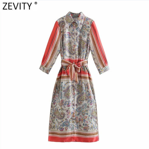 Zevity Women Vintage Red Striped Patchwork Totem Floral Print Bow Sashes Shirt Dress Female Chic Side Split Slim Vestidos DS8138