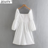 Zevity Women Vintage Square Collar Puff Sleeve White Midi Dress Chic Female Back Elastic Zipper Fly Casual Slim Vestidos DS8660