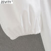 Zevity Women Vintage Square Collar Puff Sleeve White Midi Dress Chic Female Back Elastic Zipper Fly Casual Slim Vestidos DS8660