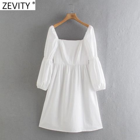 Zevity Women Vintage Square Collar Puff Sleeve White Midi Dress Chic Female Back Elastic Zipper Fly Casual Slim Vestidos DS8660