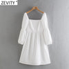 Zevity Women Vintage Square Collar Puff Sleeve White Midi Dress Chic Female Back Elastic Zipper Fly Casual Slim Vestidos DS8660