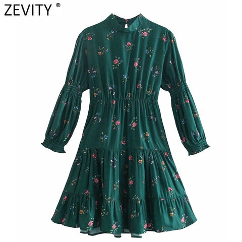 Zevity Women Vintage Stand Collar Floral Print Casual Slim Mini Dress Female Chic Pleats Elastic Ruffles A Line Vestidos DS8182
