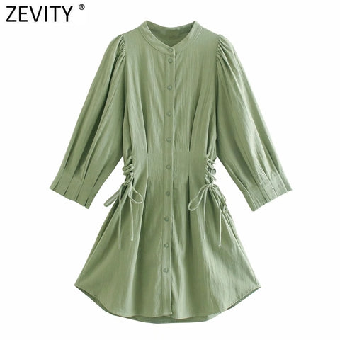 Zevity Women Vintage Stand Collar Solid Side Lace Up Shirt Dress Female Chic Pleats Puff Sleeve Breasted Kimono Vestidos DS8861