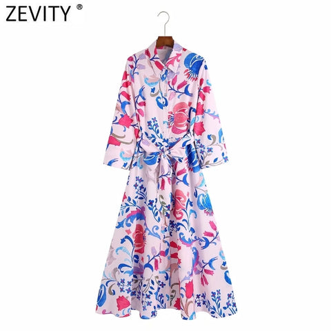 Zevity Women Vintage Totem Floral Print Bow Sashes Midi Shirt Dress Chic Female Elegant Single Breasted Business Vestidos DS8673