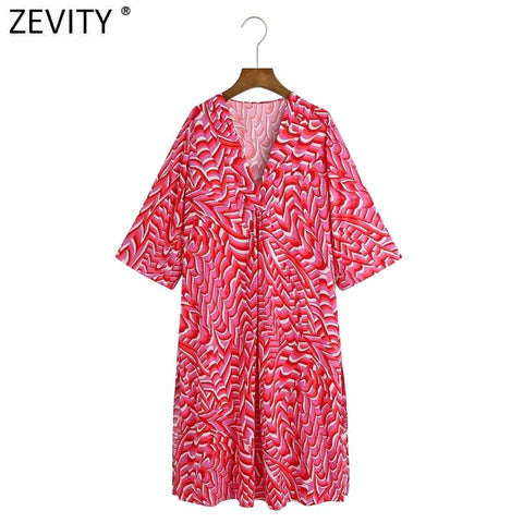 Zevity Women Vintage V Neck Contrast Color Geometric Print Straight Midi Shirt Dress Chic Female Leisure Kimono Vestidos DS8600